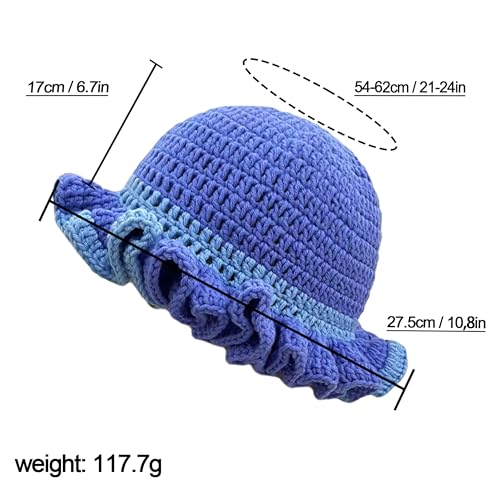 Handmade Crochet Bucket Hat for Women Boho Chic Slouchy Design Colorblock Ruffled Brim Festival&Daily Crochet Hat - color: Sky Blue