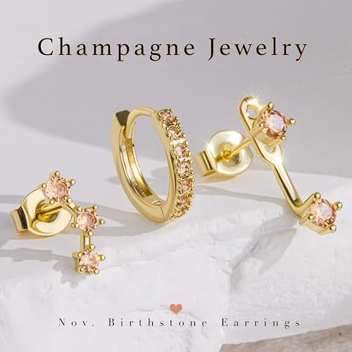 3 Pairs Dainty Small 4th of July Earrings for Women Trendy, Birthstone Stud Huggie Hoop Jacket Stack for Cartilage Helix, Gold Plated Hypoallergenic Cute Women Fashion Accessories Western Jewelry Gifts - color: 11Champagne-Nov (Gold)