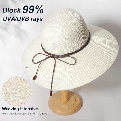 DRESHOW Beach Hats for Women Big Straw Wide Brim Summer Hat Floppy Foldable Roll up Cap Sun Hat UPF 50+ - color: 1 Pack Bowknot Hat: Ivory White, 4.7" Brim