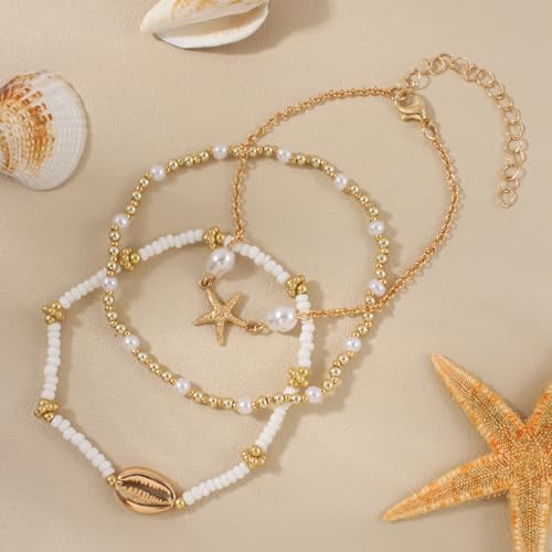 3PCS Boho Anklets for Women Summer Beach Women's Ankle Bracelets Beaded Anklet Bracelet Waterproof Beach Anklets Shell Starfish Anklet Foot Chain Jewelry for Women - color: 3PCS/style 20