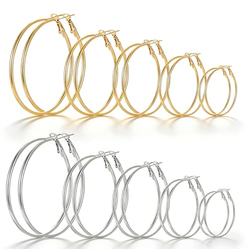 9 Pairs Small Gold/Silver Hoop Huggie Earrings Set for Women, 14K Gold Plated Chunky Hoop Small Earring Hypoallergenic Thick Open Lightweight Chunky Hoop Earrings Jewelry for Gifts - color: 5Gold5Silver