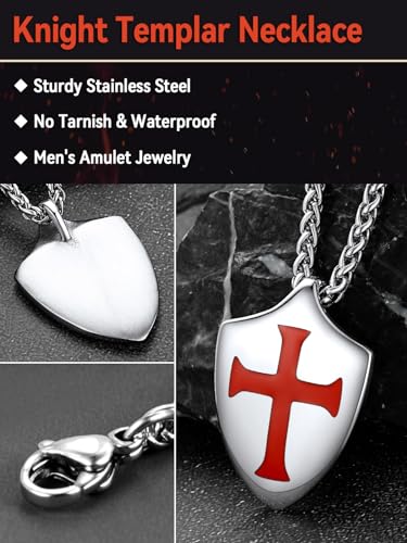 FaithHeart Knights Templar Necklace for Men, Christian Necklace for Men Stainless Steel Pendant Neckalces Christian Gifts with Gift Box - color: 06. Shield-Silver(Custom)