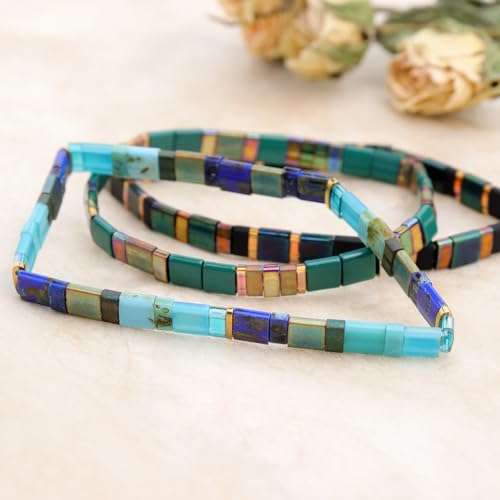 Sonateomber Tila Flat Beaded Stretch Stack Bracelets Set for Women, Trendy Stackable Colorful Glass Square Beads Bracelet Friendship Accessories Jewelry Gift - color: Golden Brown Malachite Crystal Green Purple Black