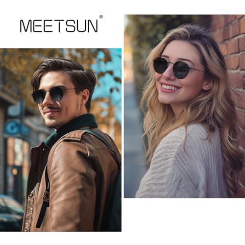 MEETSUN Round Polarized Sunglasses for Women Men Classic Retro Metal Frame Sun Glasses UV Protection - color: Black/Grey