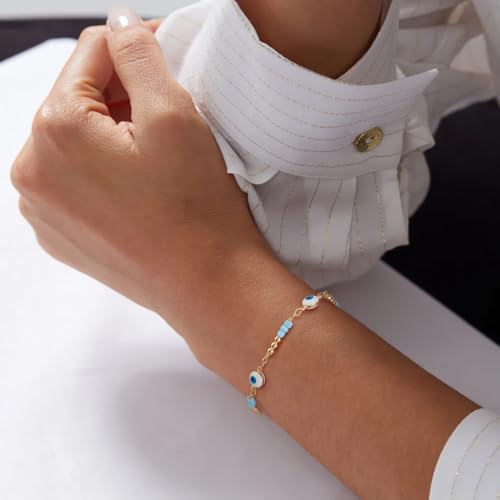 BENEIGE Women Bracelet 14K Gold Plated Paperclip Satellite Bead Ball Oval Cuba Cable Box Chain Daily Charm Layered Link Silver Bracelets Adjustable Jewelry - style: Eyes Beaded