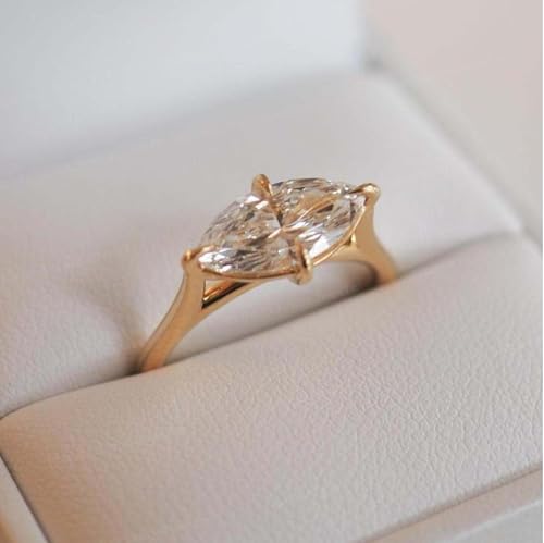 14K Yellow Gold Marquise Cut Moissanite Engagement Ring East West Solitaire Ring 4 Prong Setting, Dainty Promise Jewelry Gift for Women