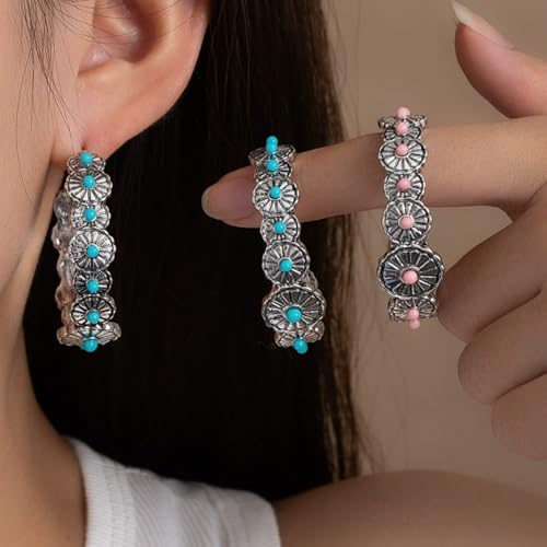 Boho Round Turquoise Hoop Earrings Daisy Flower Turquoise Dangle Earrings for Women Men Vintage Ethnic Accessories Tribal Jewelry - color: Pink D