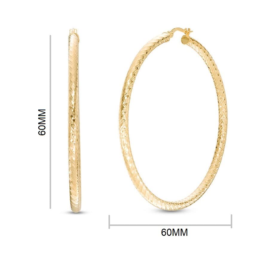 TGP 18K Gold Plated Twist Engraved Hoop Earrings for Women, Lightweight Gold Round Tube Hoops 60mm