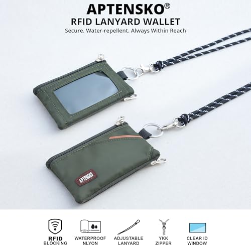 RFID Blocking Travel Wallet with Adjustable Lanyard, Small Nylon Zipper Pouch and Badge Holder for ID, Credit Cards, Cash, Keys, Commuters (AmyGreen) - color: Amy Green