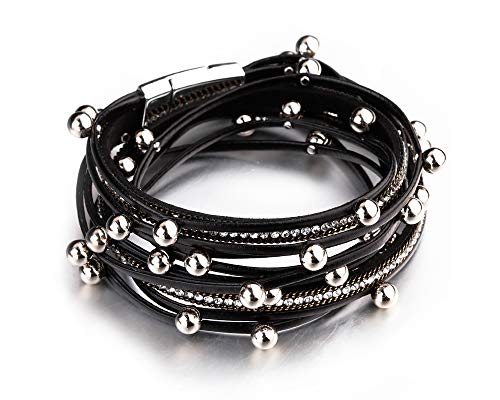 Fesciory Leather Wrap Bracelets for Women, Boho Leopard Multi-Layer Crystal Beads Cuff Bracelet Jewelry - color: A4:Black Beads(Double Wrap)