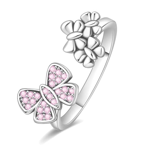 PARCOM Adjustable Women Stackable Ring, 925 Sterling Silver Open Rings - Trendy Eternity Cubic Zirconia Stackable Band Engagement Promise Ring for Her, Hypoallergenic Non Tarnish Nature Bird Floral Thumb Rings - color: Flower & Bow