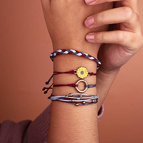 FANCY SHINY Easter Gifts Basket Stuffers Sunflower String Bracelet Boho Braided Rope Wrap Bracelets Cute Summer Beach Surfer Jewelry for Women - color: Triple Color