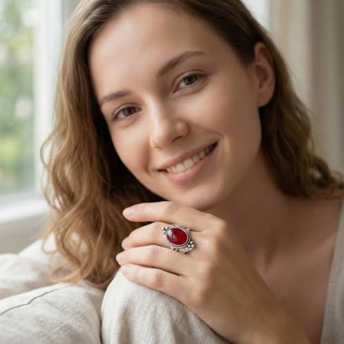 Handmade 925 Sterling Silver Plated Ring Natural Gemstone Carnelian, Rose Quartz, Tiger Eye, Crystal Oval Boho Jewelry For Women - color: Garnet Quartz
