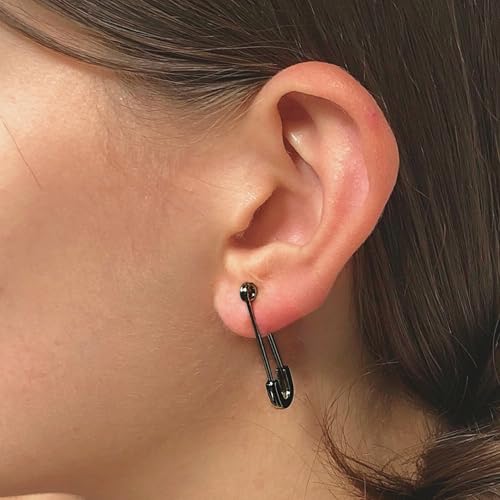 CHIC & ARTSY 925 Sterling Silver Safety Pin Earrings - Lightweight Comfortable Punk Paperclip Cartilage Hoop Earrings, Trendy Industrial Style Jewellery for Women and Men - color: Black-#1