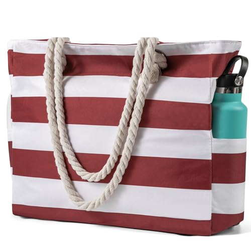 Clothirily Beach Bag for Women - Large Beach Tote Bag, Waterproof Sandproof Beach Bag with Zipper, Large Swim Pool Beach Tote - color: Red