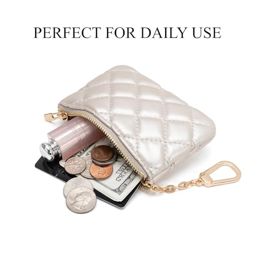 Quilted Leather Coin Purse with Keychain - Small Coin Pouch Key Pouch Small Card Holder Keychain Wallet Change Purse for Women and Men (Champagne Silver) - color: Champagne Silver