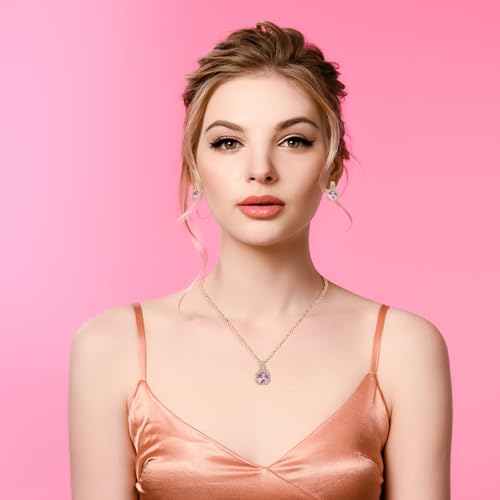 Paxuan 4pcs Cubic Zirconia Wedding Jewelry Sets for Bride Bridesmaid Cubic Zirconia Pendant Necklace Earrings Link Tennis Bracelet Open Ring Set for Women - color: Gold Plated Pink Cubic Zirconia