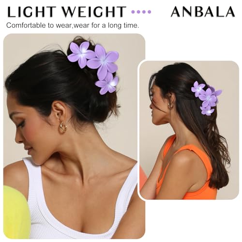ANBALA Hair Clip, 4PCS Flower Design Plumeria Hair Clips, Large Non-Slip Strong Hold Claw Clips for Thick Hair, Beach Hair Accessories for Women Girls (Purple) - color: purple