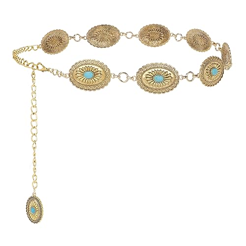 XZQTIVE Women Boho Chain Belts For Dresses Jeans Western Cowgirl Waist Links Belt Adjustable Metal Concho Belt - size: Fit Waist upto 36inches, style: Green Turquoise Matte Gold