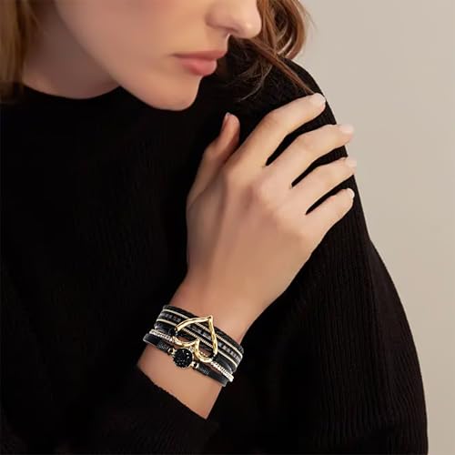 VIBILIA Boho Leather Wrap Bracelets for Women Multi-Layer Bracelets with Strong Clasp Jewelry for Women - color: 01-Heart-Black