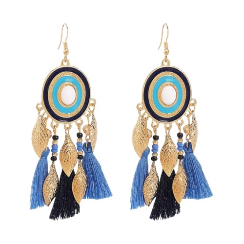 Bohemian Silk Tassels Statement Earrings Vintage Lightweight Gold Leaf Geometric Handmade Beads Drop Dangle Earring Ethnic Style Trendy Jewelry Accessories for Women - color: Blue