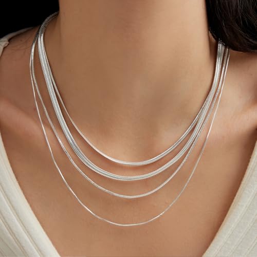 ARSIS 18K Gold Plated Herringbone Necklace Snake Chain Choker Dainty Layered Hypoallergenic Jewelry Gift for Women - color: Silver Multi-Layer