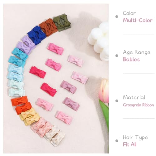 CÉLLOT 60Pcs Baby Hair Clips 1.2" Tiny Baby Bows Snap Hair Clips for Thin Hair Grosgrain Ribbon Hair Bows Clips for Baby Girls Toddlers Infant in Pairs - color: 60pcs/30color