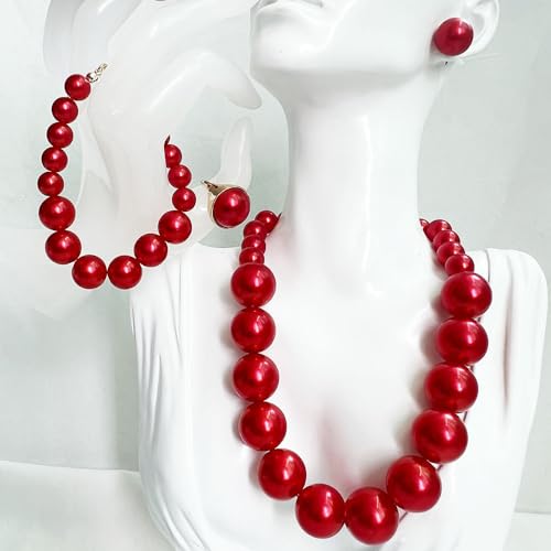Chunky Beads Jewelry Set Boho Large Simulated Pearl Statement Colorful Beaded Necklace Bracelet Earrings Ring Set Holiday Party Bride Outfit for Women - color: Red
