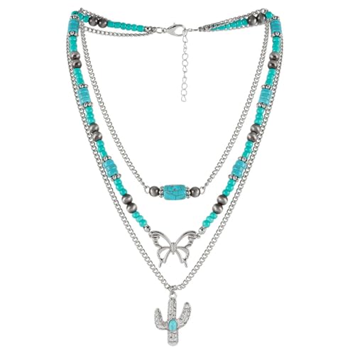 Pingyongchang Boho Layered Western Turquoise Necklaces for Women Vintage Stone Beaded Chokers Butterfly Catus Chain Country Concert Cowgirl Cowboy Jewelry Holiday Gifts - style: D Catus
