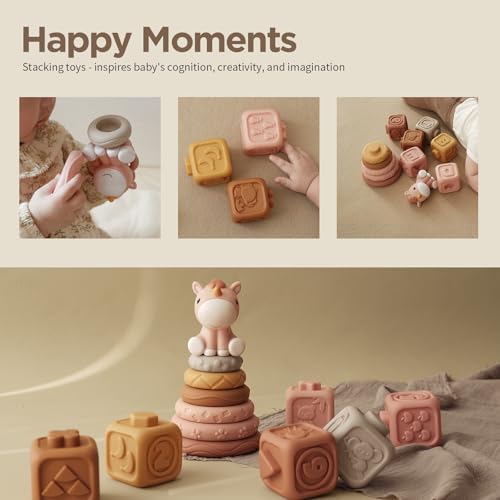 Nueplay Soft Stacking Toys & Jigsaw Puzzles for Baby Girls — 12PCS Cube-Type Puzzles, Sensory Rings & Shape Blocks Set with Unicorn Topper, Montessori Learning Playset for 1 Year Old