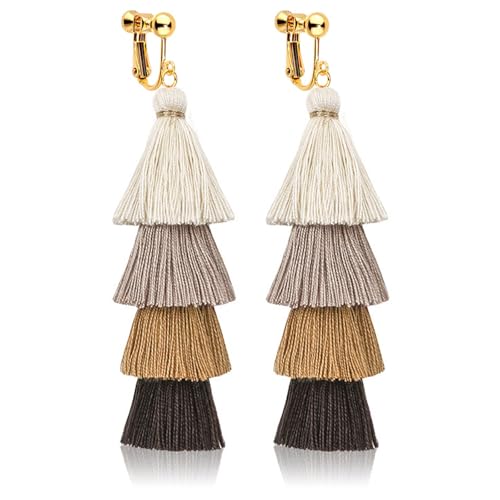 Clip on Earrings, Lightweight Colorful Layered Tassel Bohemian Statement Tiered Big Dangle Drop Earrings for Women, Non Pierced, Boho Jewelry - color: Brown