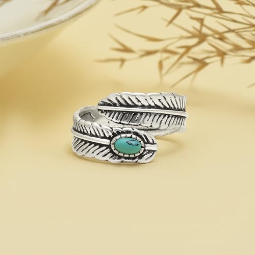 Silver Plated Feather Ring | 925 Silver Adjustable Open Ring | Vintage Leaf Design Inspirational Jewelry for Men & Women | Hypoallergenic Boho Statement Ring - color: Healing Turquoise