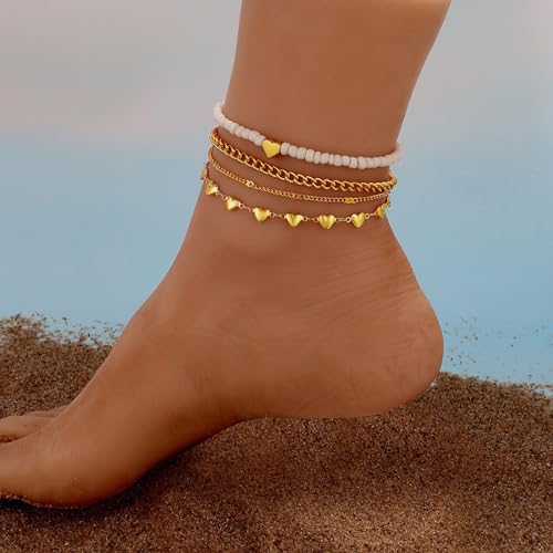 Fesciory Women Heart Anklet Adjustable Beach Layered Ankle Bracelets for Women Gold Alloy Foot Chain Jewelry - color: Gold Heart(4 Pack)