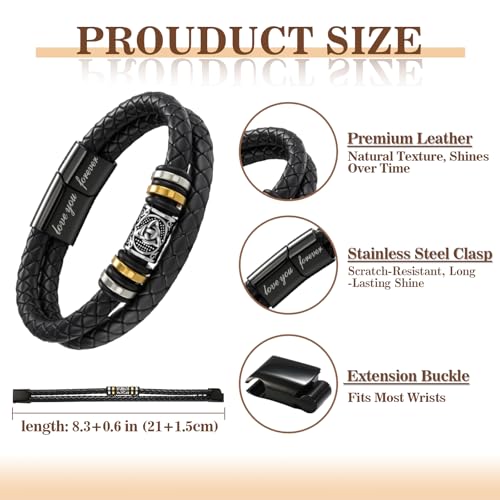 Mens Leather Bracelet,Black Stainless Steel Double-Row Braided Black Stainless Steel Love You Forever Engraved,Baptism Easter Day Gift for Men Son & Grandson - style: For Husband