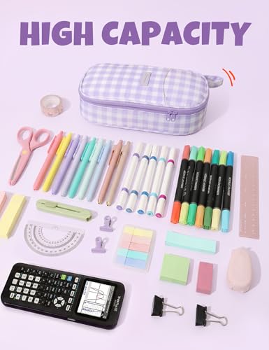 SUNEE Cute Pencil Case, Large Colored Pencil Pouch, Aesthetic Pen Bag with Zipper, Kawaii Stationery Storage and Organizer, School Supplies for Teen and Adult, Boys & Girls, Purple Checkered - color: Purple Checkered
