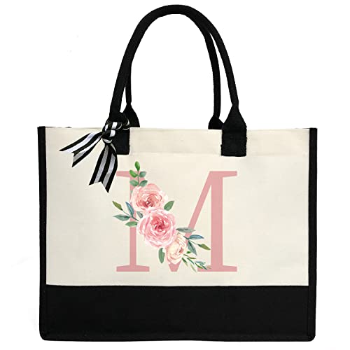 Initial Canvas Tote Bag for Women, Beach Bag with Inner Zipper Pocket Personalized Gifts for Wedding, Birthday | Initial - color: M