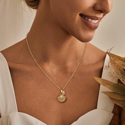 Ewrkbr Gold Necklace for Women,14K Gold Plated Shell Starfish Beach Necklaces Cute Boho Pendant Necklace Fashion Summer Waterproof Pearl Jewelry for Women - color: NK-shell