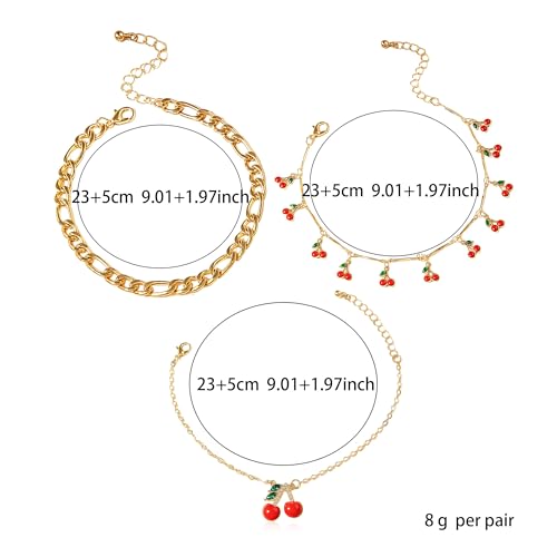 3 pcs Gold Ankle Bracelets for Women Dainty Cherry Pendant Layered Link Chain Anklets Waterproof Fruit Anklet Set Summer Beach Jewelry