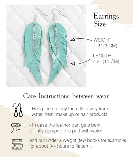 Black shiny Leather Feather Earrings for Women, Lightweight Minimal Boho Dangle Earrings, Small Simple Everyday Jewelry - color: Light green shiny