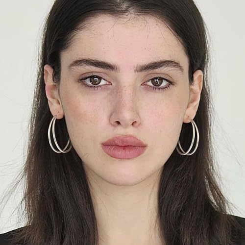 OOOPEL Large Thin Double Hoop Earrings for Women Lightweight Hypoallergenic 925 Sterling Silver Post 14K Gold Hoops Non Tarnish Sturdy Big Thin Double Layered Hoop Earrings 30/40/50/60mm - color: Silver, size: 40mm
