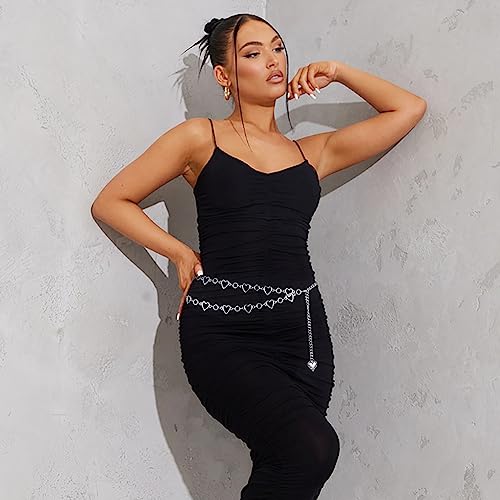 Long Tassel Waist Chain Belt for Women, Adjustable Metal Body Belly Belt Chain for Dress - color: Silver Double Heart, size: M: (Fit Waist 43.3in)