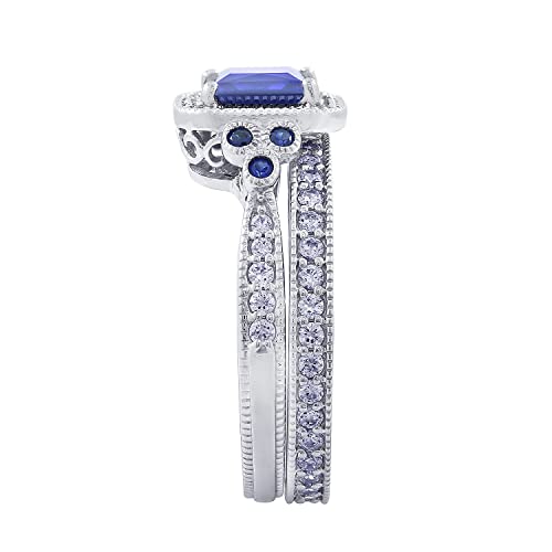 Amazon Essentials Platinum or Gold Plated Sterling Silver Antique Ring set with Asscher-Cut Infinite Elements Cubic Zirconia - color: Created Blue Sapphire/Platinum, size: 7