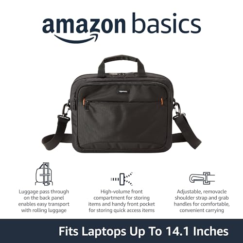Amazon Basics Laptop Tablet Carrying Case with Shoulder Strap and Grab Handles, 14-inch, Black, Compartments for Storage - size: 14 Inch, style: 1-pack