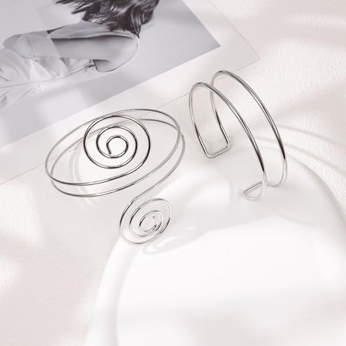 2Pcs Arm Cuff Gold Upper Arm Cuff for Women Adjustable Upper Arm Bracelets Open Irregular Arm Bangle Minimalist Coil Swirl Armlets Armband Jewelry - style: styleA silver