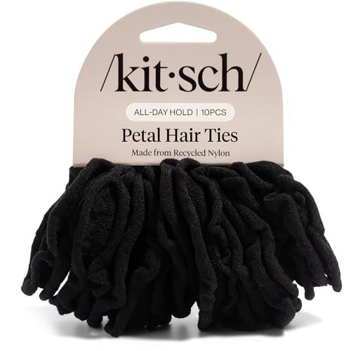Kitsch Petal Hair Ties No Damage - Strong, Stretchy & Snag-Free Hair Bands | Soft Fabric Ponytail Holders, Stylish Elastics for Everyday Hairstyles | Ideal Gifts for Women - Black, 10pcs - color: Black Petal (Pack of 10)
