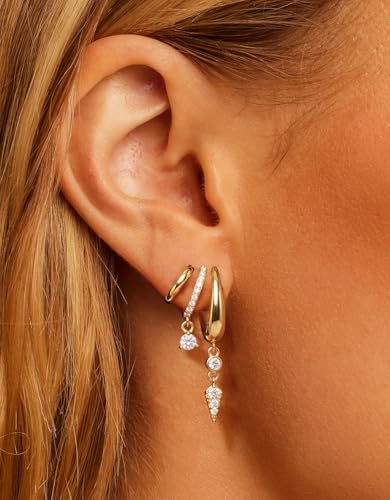 Triple Huggie Stacked Earrings for Women Gold Chain Drop Dangle Earrings Cute Statement CZ Earrings Trendy Dainty Jewelry Gift - color: Gold 2