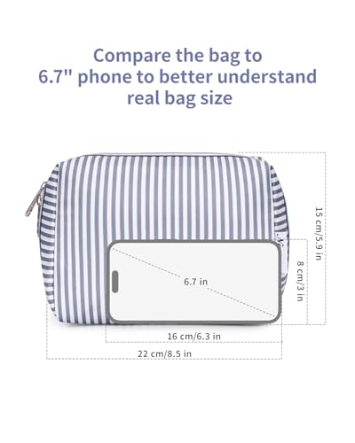 Narwey Striped Makeup Bag Travel Cosmetic Bag Organizer Toiletry Bag Make Up Bags with Compartments for Women Girls (Large, Greyish Blue Stripe) - color: A-Greyish Blue Stripe, style: Large