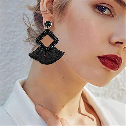 Long Tassel Earrings Statement Bohemian Pom Ball Handmade Drop Dangle Earrings for Women - style: S-Black