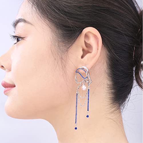 Unique Abstract Face Art | Dangle Statement Long Earrings for Women | Rhinestone Tassel Handmade Chandelier Earrings - color: Silver Blue Diamond