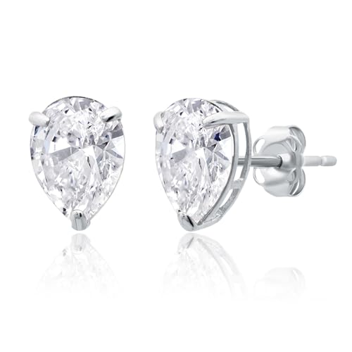 14k Yellow or White Gold Teardrop Gemstone Pear Shape Stud Earrings for Women with Push Backs and 8mm x 6mm Birthstone by MAX + STONE - color: Created White Sapphire